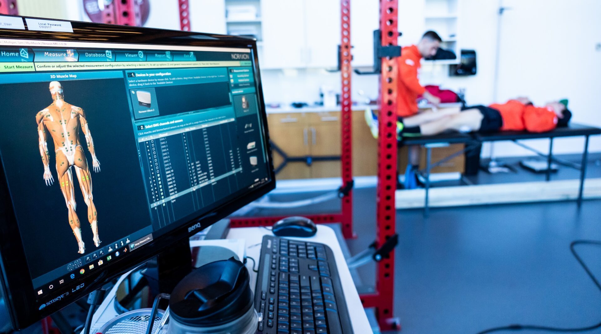 Alpine skier Simon Fournier participates in an electromyographic (EMG) study at the Canadian Sport Institute Calgary power lab  in Calgary, Alberta on July 12, 2019.